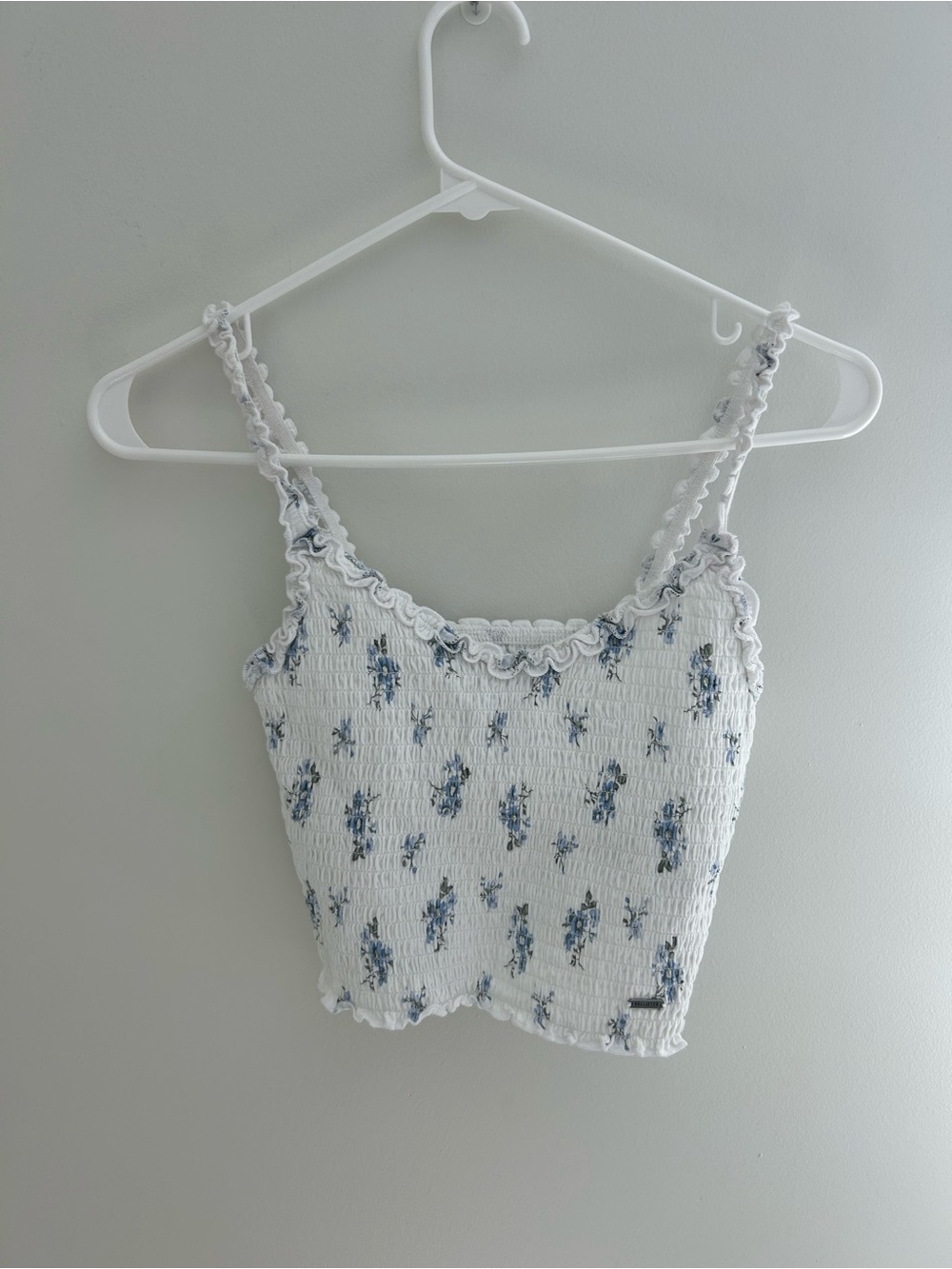 Hollister White Smocked Crop Top with Blue Floral